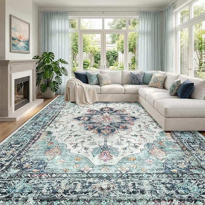 RELEANY Washable Area Rug, Large 9'x12', Teal Green/White/Navy | Non-Slip, Water Repellent, Pet Friendly, Easy to Clean, Vintage Floral Boho Decor for Living Room Bedroom Dining Room