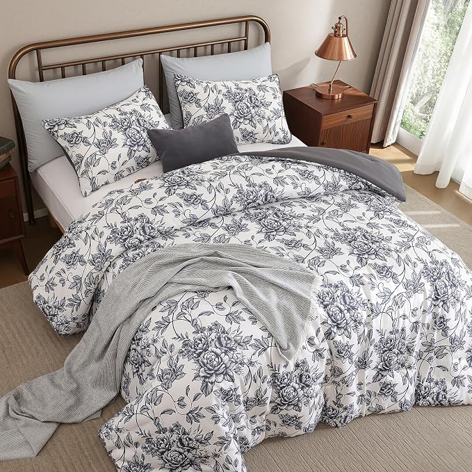 JANZAA Queen Size Comforter Set - Black Peony Floral Shabby Chic Bedding | 3 Piece Cute Floral Bedding for All Season, 1 Soft Fluffy Breathable Microfiber Comforter Set with 2 Pillowcases