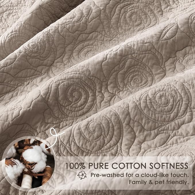 WDCOZY Dark Beige 100% Cotton Quilt Queen Size Bedding Sets with 2 Pillow Shams, Floral Rosette Lightweight Bedspread Soft Farmhouse Patterned Coverlet Quilted Comforter Bed Cover All Season, 3 Pieces