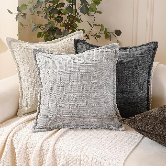 HPUK Chenille Throw Pillow Covers 18x18 Inch, Soft Woven Texture, Set of 2 | Plush woven texture, invisible zipper, couch sofa bed bedroom living room decor, square cushion covers, inserts not included
