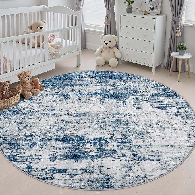 Round Area Rug Living Room: 8 ft Modern Washable Carpet Blue | For Bedroom Dining Room Farmhouse Nursery Hallway Office,Modern Abstract,Machine washable,Non-Slip,Stain Resistant,Indoor