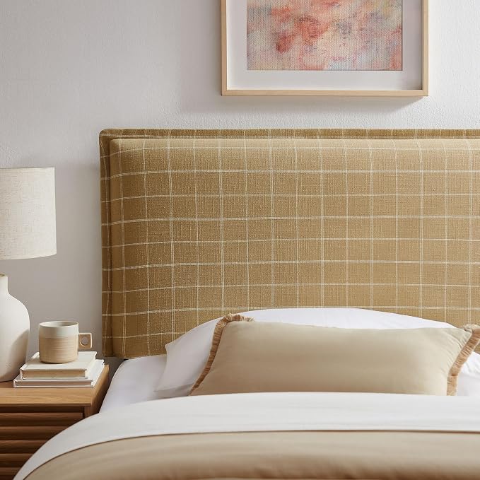 Modway Camille Twin Size Checkered Linen Blend Plaid Headboard with Removable Slipcover – in Denim Windowpane Check - Padded Pillow Style Headboard with Adjustable Mounting for Twin Beds