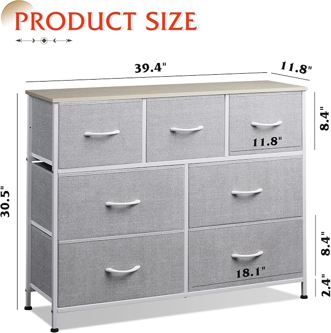 WLIVE Dresser for Bedroom, 7 Drawers, TV Stand, Light Grey | 7 roomy fabric drawers, Fits TVs up to 45 inch, Bedroom or living room, Wide storage design, Chest of drawers