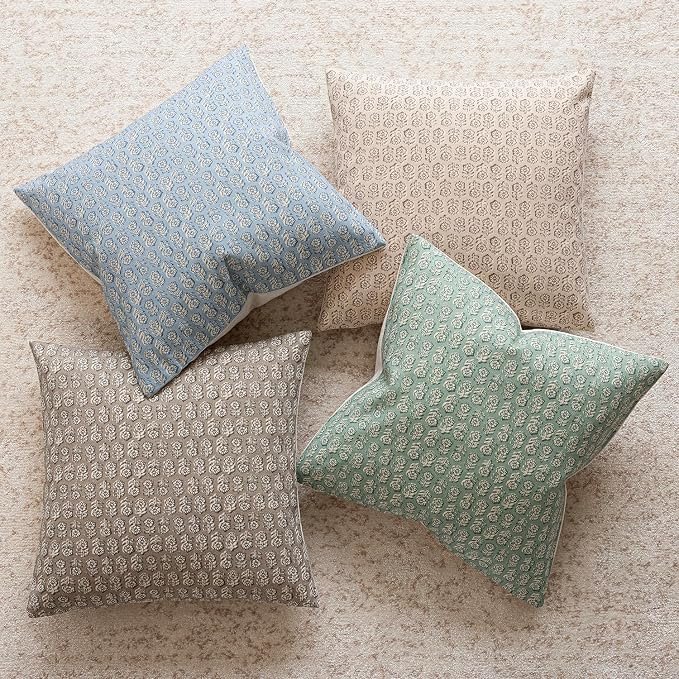 Foindtower Set of 2 Decorative Neutral Floral Print Throw Pillow Covers Vintage Accent Farmhouse Cushion Covers Boho Home Decor for Sofa Chair Couch Bedroom Living Room Outdoor,18×18 Inch,Aqua Blue