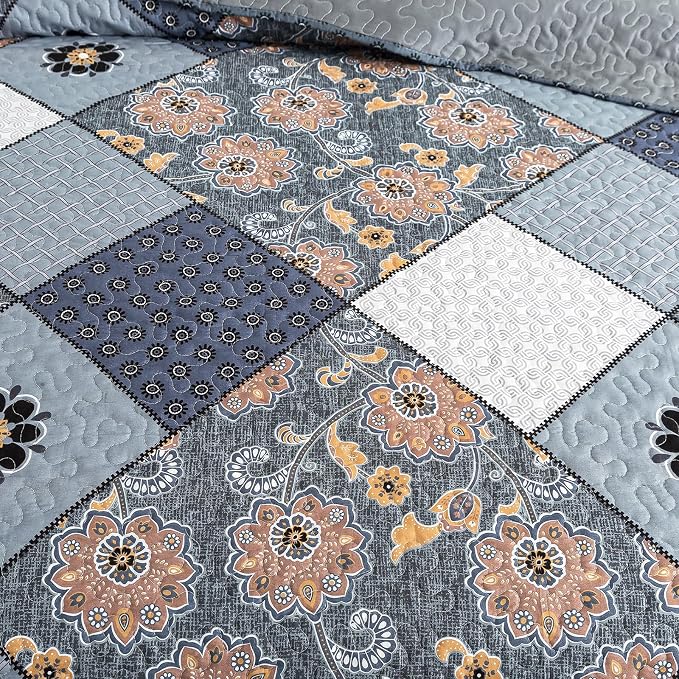 Quilt Set King Size, Bedspread Sets Delicate Square Floral, Quilt Bedding Set Lightweight and Breathable for All Seasons, Soft Quilted Bedspread with 2 Pillow Shams