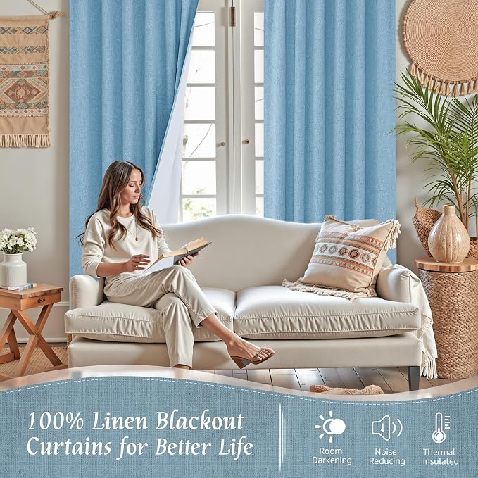 Full Blackout Linen Bedroom Curtains 54 Inch 2 Panels, Blue | Thermal Insulated, Privacy Protected, Farmhouse Curtains, Neutral Panels, with White Liner, Rod Pocket Back Tab, 52 x 54 Inch