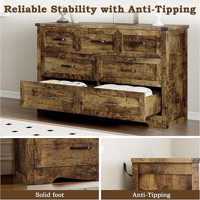 BORNOON 7-Drawer Dresser for Bedroom, Modern Wooden Chest of Drawers with Metal Handles, Anti-Tipping Design, Sturdy and Stable Storage Organizer for Living Room, Entryway, Home Office
