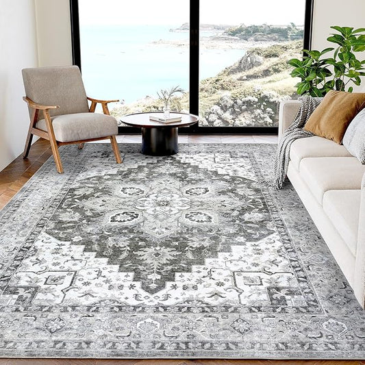 AMADA HOMEFURNISHING 5x7 Area Rugs, Washable Living Room Rug Low-Profile with Non-Slip Backing & Durable Edge Binding, Vintage 5x7 Rugs for Living Room, Bedroom, Dinning Room