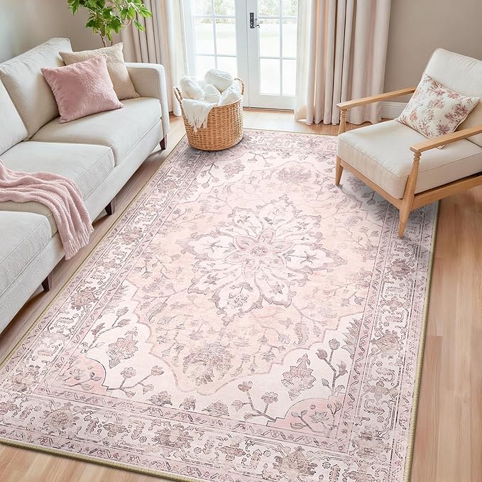 RELEANY Washable Area Rug, 5'x8', Pink | Non-Slip, Water Repellent, Pet Friendly, Easy to Clean, Vintage Floral Boho Decor for Living Room Bedroom Dining Room Office