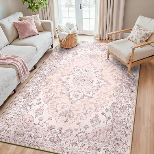 RELEANY Washable Area Rug, 5'x8', Pink | Non-Slip, Water Repellent, Pet Friendly, Easy to Clean, Vintage Floral Boho Decor for Living Room Bedroom Dining Room Office