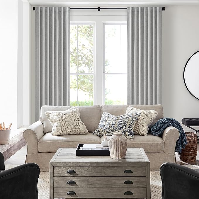 Gray 105 Inch Extra Long Blackout Curtains for Bedroom 2 Panels Set, Boho Room Darkening Pleated Flax Linen Blend Window Curtain 105 Inches Long with Hooks for Patio Sliding Door Burg(50"Wx105"L)