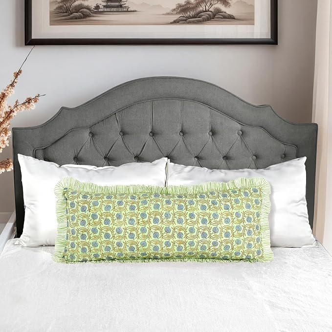 Ridhi Block Print Apple Green Ruffle Lumbar Pillow Shams, 36" x 14" Set-1 | 100% cotton, Floral Pillowcase, Cushion Cover, Hidden Zipper, Cottagecore Bedding, farmhouse boho style, fits couch, sofa,Bed