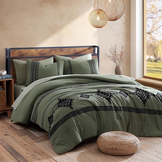 MaiRêve Embroidery Super King Comforter Set 7 Pieces Bed in a Bag | Olive Green Western Boho Bedding Sets Farmhouse with Comforter, Sheets, Pillowcases & Shams