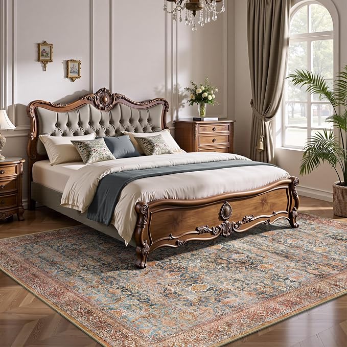 5x7 Area Rugs - Washable Vintage Retro Living Room Rug, Soft Ultra Thin Non Slip Low Pile Traditional Distressed Boho Carpet for Bedroom Dining Room Nursery Home Office, Rust Clay