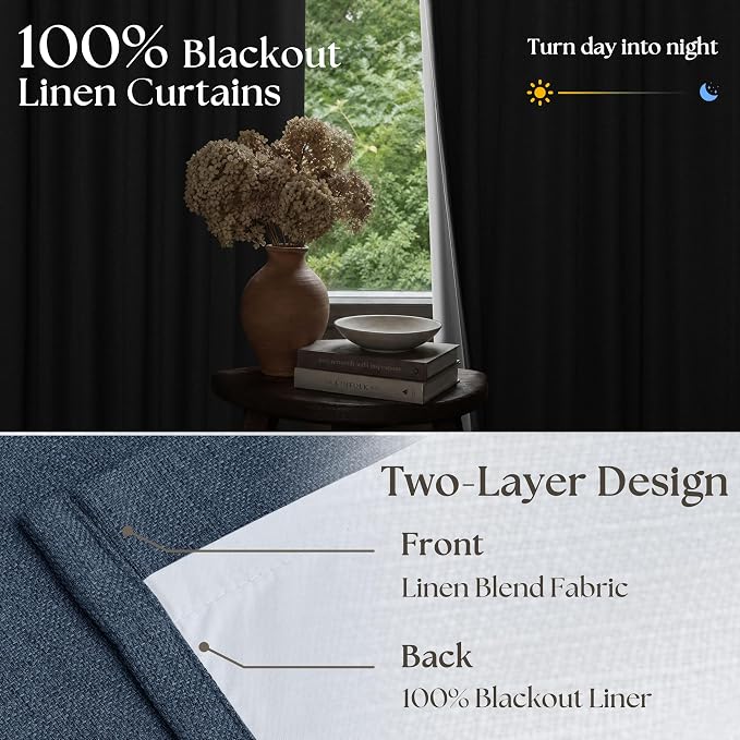 100 Inch Pinch Pleat Navy Blue 100% Blackout Curtains with Liner 2 Panels | Thick Linen Double Layer Curtain, Modern Neutral, Room Darkening Thermal Insulated, for Dining Room Bedroom, 100 Inches Long