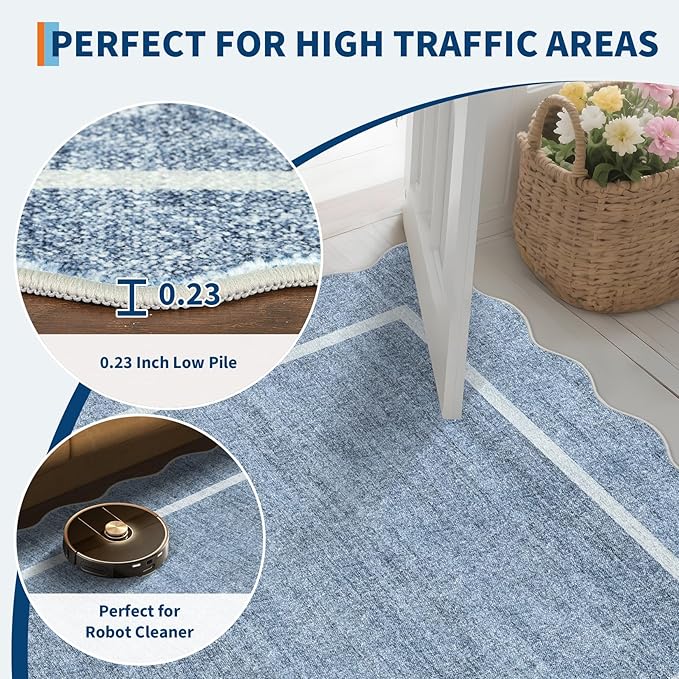 GarveeHome Scalloped Washable Runner Rug 2x10 Non Slip Kitchen Rugs, Blue | Modern Blue Indoor Entryway Rug Farmhouse Soft Bath Mat Stain Resistant Carpet for Bedroom Hallway Laundry