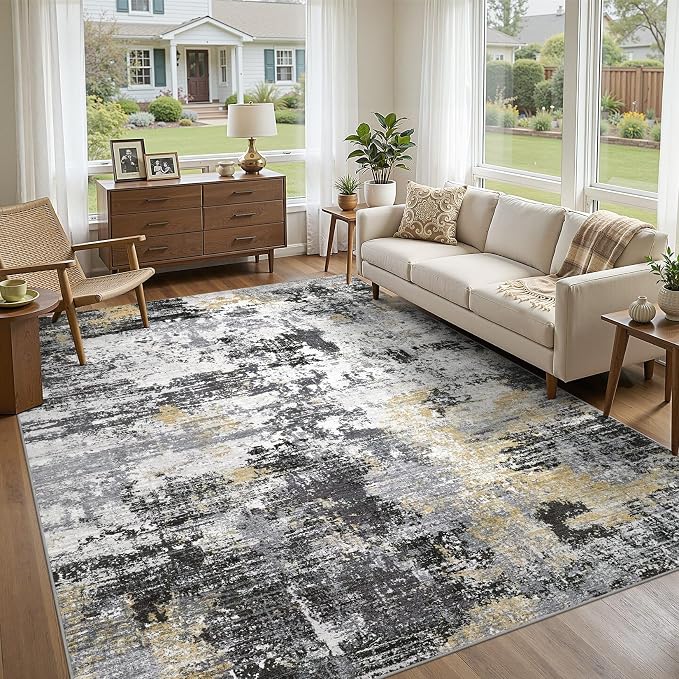 UERMEI 10x14 Area Rug for Living Room - Washable Neutral Modern Abstract Carpet, Non-Slip Soft Large Indoor Floor Rugs for Bedroom Home Office & Under Dining Table Decor, Black/White/Gold