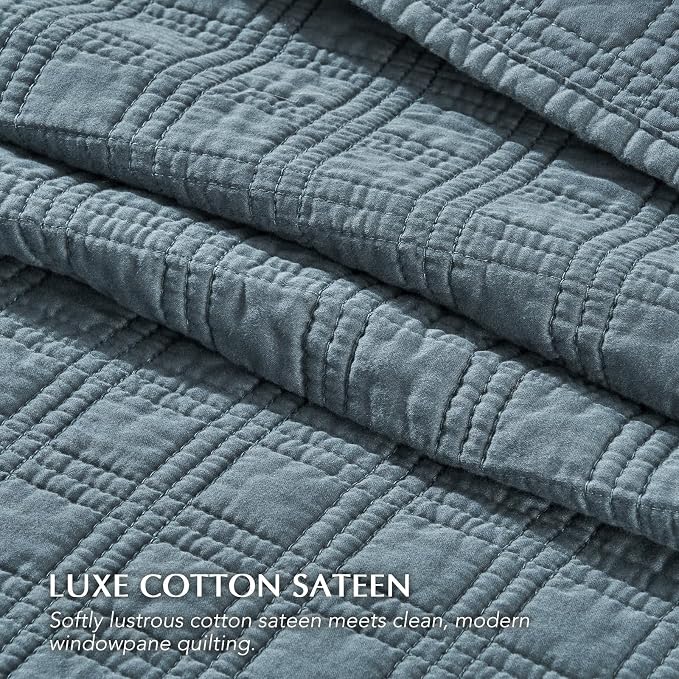EVERGRACEHOME Cotton Sateen Windowpane Quilt Set King Size, Sonoma Blue | 100% Cotton, Pre-Washed Soft Coverlet Bedspread, 3-Piece Lightweight Bedding Set for All Season, with 2 Pillow Shams