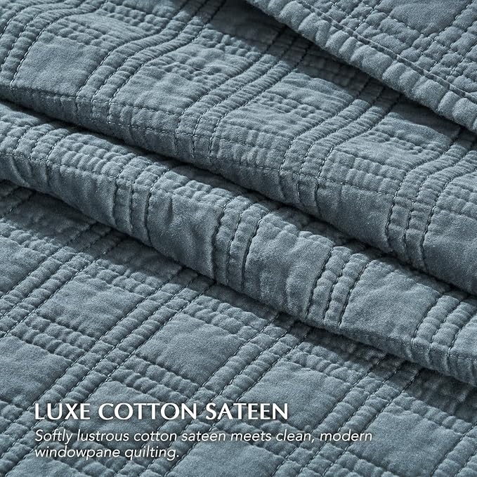 EVERGRACEHOME Cotton Sateen Windowpane Quilt Set Queen Size, Sonoma Blue | 100% Cotton, Pre-Washed Soft Coverlet Bedspread, 3-Piece Lightweight Bedding Set for All Season, with 2 Pillow Shams
