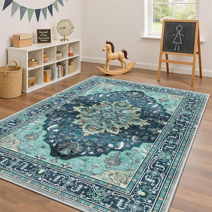 RELEANY Washable Area Rug, 4'x6', Teal | Non-Slip, Water Repellent, Pet Friendly, Easy to Clean, Vintage Floral Boho Decor for Living Room Bedroom Kitchen Office