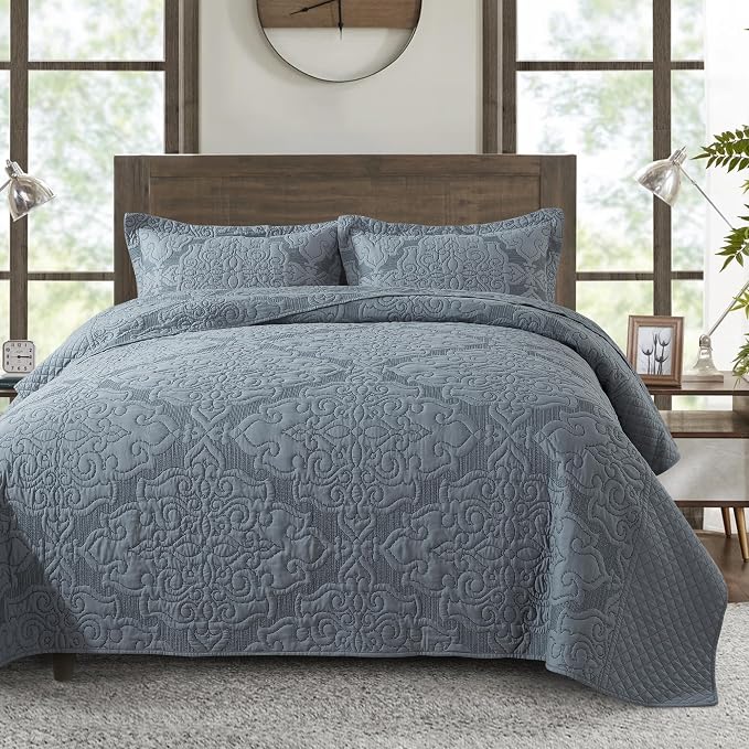 Reversible Quilt Bedspread Embroidered Microfiber Coverlet Set,Jacquard Embossed Floral,Grey, King Size