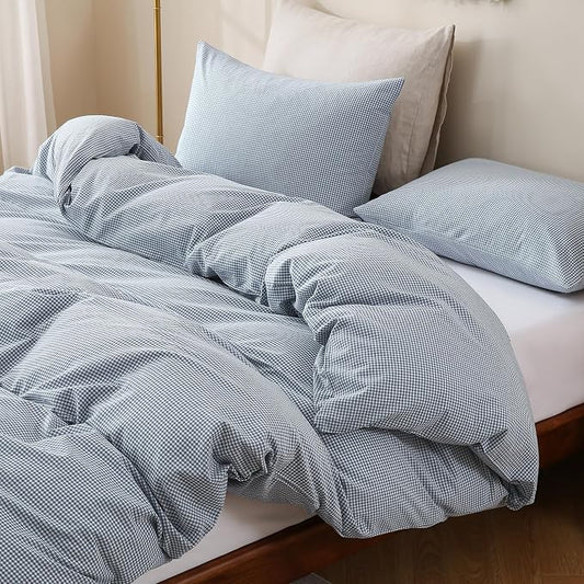 TOCOMOA Mini Gingham Blue Duvet Cover Set Washed Cotton Like Linen, King | 100% Washed Cotton Linen-Like Feel Soft, Breathable & Comfy. Lightweight Bedding Set with Zipper & 8 Ties. 3 Pcs, No Insert