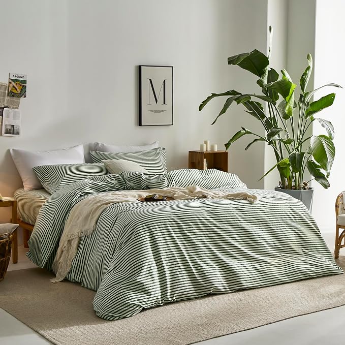 JELLYMONI 100% Cotton Classic Striped King Duvet Cover Set, Green/White | Breathable Softness, Oeko-Tex Certified, Classic Stripes, 8 Corner Ties & Double Hidden Zipper