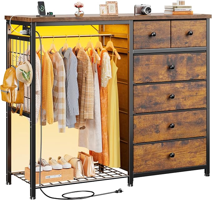 EnHomee 49.2" W Dresser with Hanging Rack & 6 Drawers, Grid Panel & 4 Hooks | Featuring LED Lights and Charging Station, Wooden Top Organize Unit for Bedroom, Chest of Drawers with Steel Frame, Brown