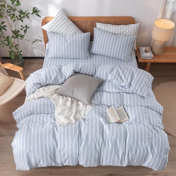 BESTOUCH Striped Cotton Duvet Cover Set Linen Feel Oversized Queen | 100% Washed Cotton, Soft Wrinkle Texture, Hidden Zipper, 8 Ties, Breathable Lightweight Durable Comfy, 3 Pcs No Insert
