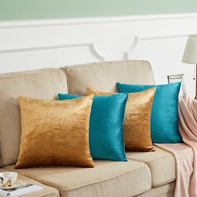 GIGIZAZA Pack of 4 Decorative Velvet Pillow Covers 20x20 Teal Gold | Throw Pillows for Couch Sofa,280gsm Soft Textured Fabric,Modern Accent Pillowcases,Luxury Living Room Cushion Covers