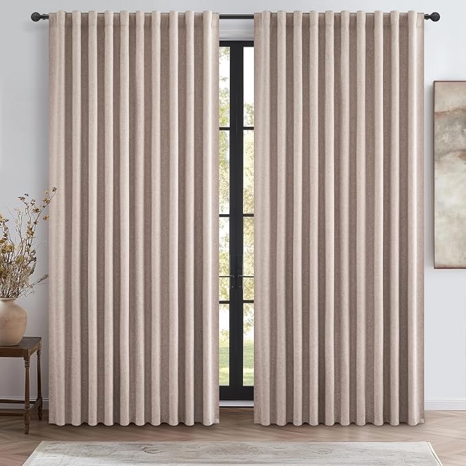 Extra Wide 60 Inch Blackout Curtains 96 Inches Long for Living Room, Rustic Boho Room Darkening Textured Linen Pleated Office Insulated Ceiling Track Large Window Drapes (60"W x 96"L 2 Panels Linen)