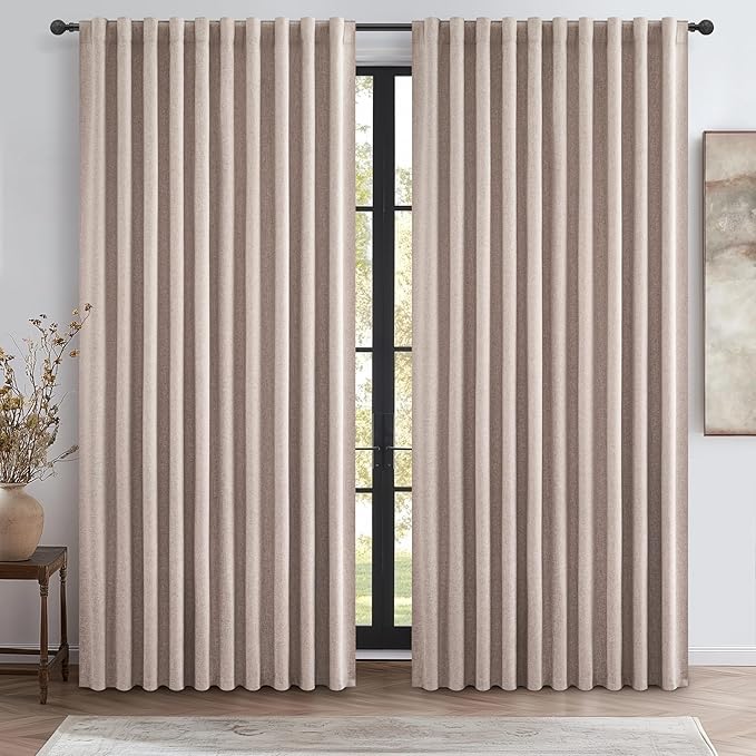 Extra Wide 70 Inch Blackout Curtains 96 Inches Long for Living Room, Rustic Boho Room Darkening Textured Linen Pleated Dining Room Insulated Ceiling Track Window Drapes 70"W x 96"L 2 Panels