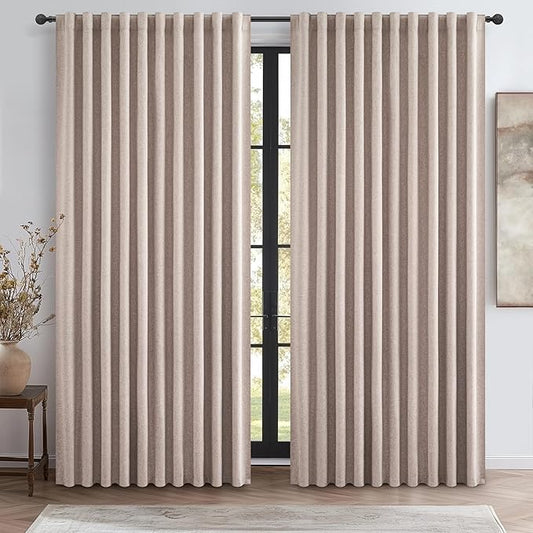 Extra Wide 70 Inch Blackout Curtains 96 Inches Long for Living Room, Rustic Boho Room Darkening Textured Linen Pleated Dining Room Insulated Ceiling Track Window Drapes 70"W x 96"L 2 Panels