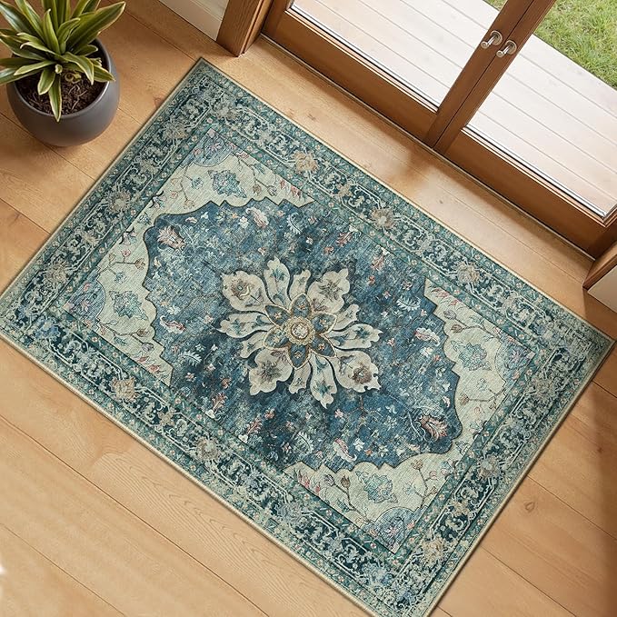 RELEANY Washable Area Rug, Small 2'x3', Blue/Vintage Dark Blue | Non-Slip, Water Repellent, Pet Friendly, Easy to Clean, Vintage Floral Boho Decor for Kitchen Entryway Bathroom