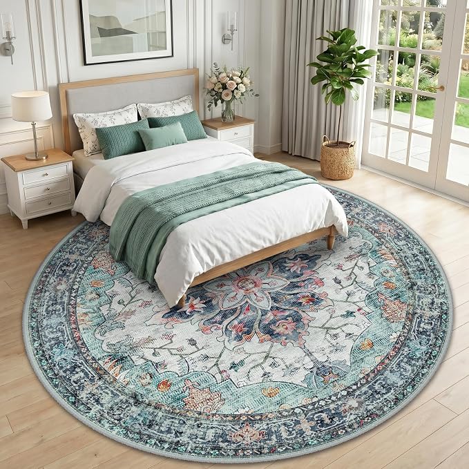 RELEANY Washable Area Rug, Round 10ft, Teal Green/White/Navy | Non-Slip, Water Repellent, Pet Friendly, Easy to Clean, Vintage Floral Boho Decor for Living Room Bedroom Dining Room