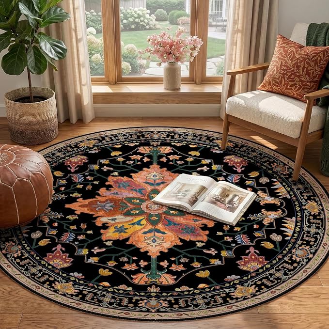 RELEANY Washable Area Rug, Round 4ft, Black/Colorful | Non-Slip, Water Repellent, Pet Friendly, Easy to Clean, Vintage Floral Boho Decor for Living Room Bedroom Dining Room Entry
