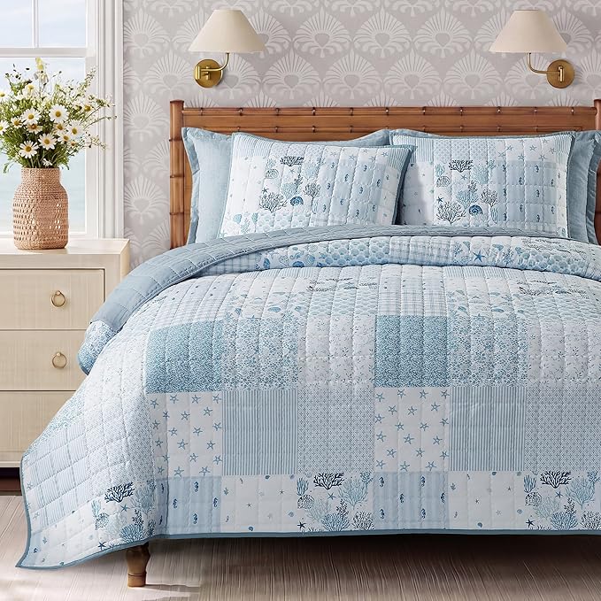 Queen Quilt Set-3 Pieces Soft Bedding Lightweight Floral Patchwork Coverlet | All Seasons Quilts Queen Size for Bed, 1 Quilt (90" x 94") and 2 Shams (20" x 26"), Vintage Bedspread, Coastal Blue