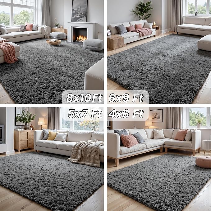 4x6 Fluffy Shag Area Rugs for Living Room Bedroom: Soft Plush Carpet Grey | Upgraded Non-Slip Thick Memory Foam, Ultra Soft, Non-Shedding Fuzzy Carpet, Easy Clean Decor for Kids Room, Nursery, Playroom