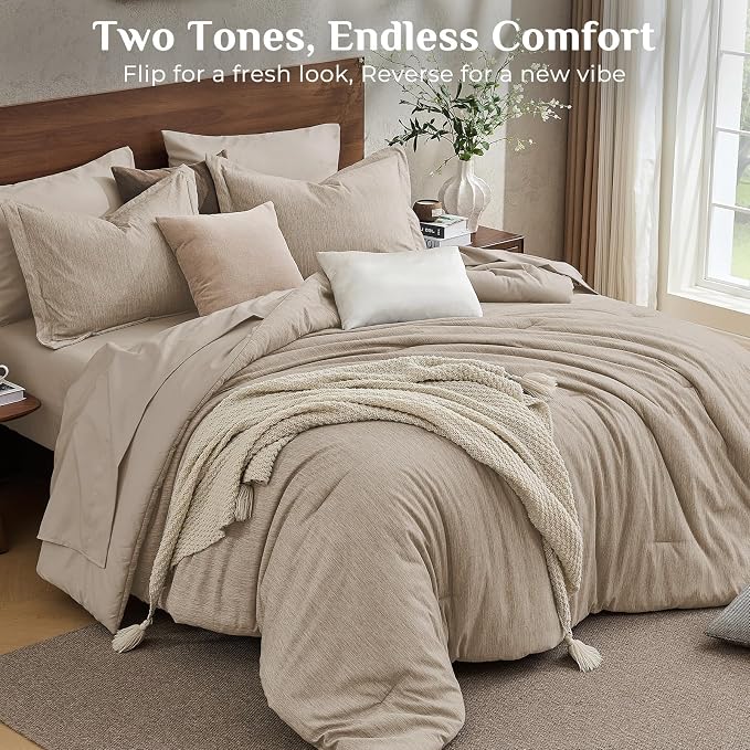 JOLLYVOGUE Khaki Queen Comforter Set, Cationic Dyeing Bed in a Bag Queen 7 Pieces, Double-Tone Bedding Set with Down Alternative Comforter, Sheets, Pillowcases & Shams