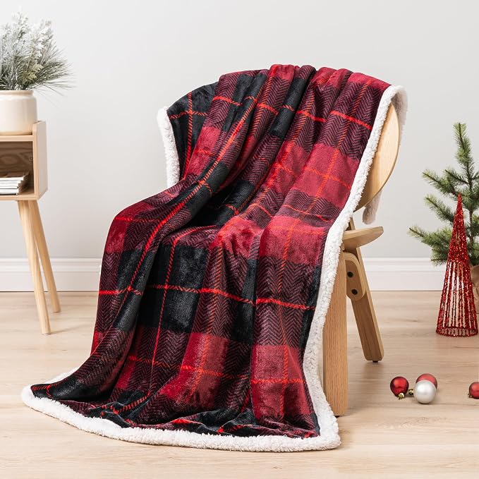 PAVILIA Twin Plaid Sherpa Throw Blanket for Couch Sofa Bed, Black Red 60x80 | GSM 460; Soft Plush Flannel Fleece; Warm&Cozy for Home; Machine Washable, Perfect Cabin Decor Winter Holiday Christmas Gift