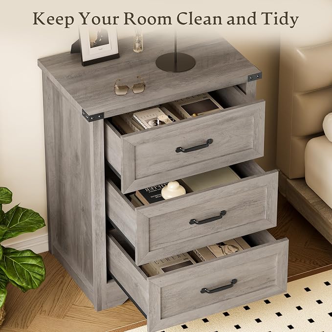 BORNOON 3-Drawer Dresser for Bedroom, Small Wooden Chest of Drawers with Metal Handles, Narrow Storage Cabinet with Anti-Tipping Design, Sturdy Dresser Organizer for Closet, Living Room, Entryway