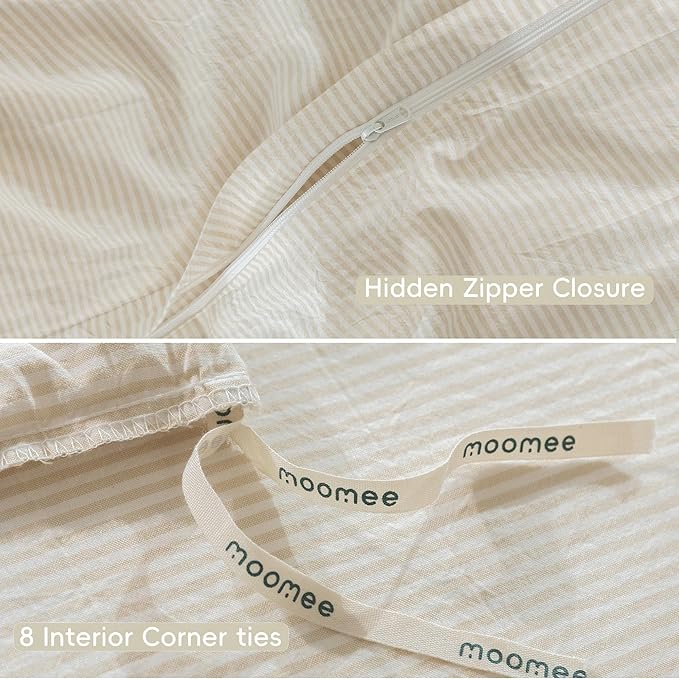 MooMee Striped Duvet Cover Set 100% Washed Cotton Linen Like Full | Relaxed Linen-like Texture. Soft, Breathable & Long-lasting Comfort. Lightweight. Hidden Zipper with 8 Interior Corner Ties