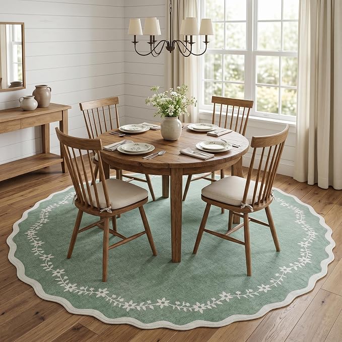 GarveeHome Round Rugs 6ft Scalloped Washable Circle Rug for Dining Room | Soft Sage Green Non Slip Floral Print Floor Mat Carpet Indoor Thin Tent Rug for Kids Bedroom Playroom Nursery Entryway