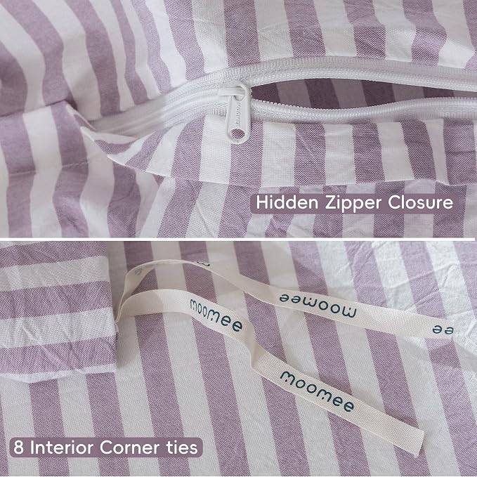 MooMee Striped Duvet Cover Set 100% Washed Cotton Linen Like Queen | Relaxed Linen-like Texture. Soft, Breathable & Long-lasting Comfort. Lightweight. Hidden Zipper with 8 Interior Corner Ties