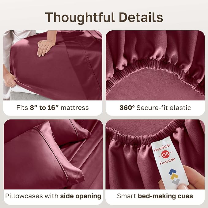 California Design Den Soft 100% Cotton Sateen King Bedsheets Set | 400 Thread Count Backed by Good Housekeeping Seal, 16" Deep Pocket, All-Around Elastic, Durable, Easy Care - Burgundy Red