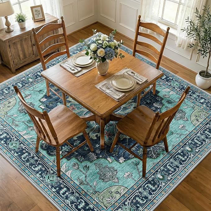 RELEANY Washable Area Rug, Square 8'x8', Teal | Non-Slip, Water Repellent, Pet Friendly, Easy to Clean, Vintage Floral Boho Decor for Living Room Bedroom Dining Room Office