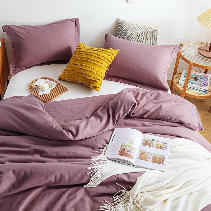 Simple&Opulence 100% Linen Duvet Cover Set 3pcs Basic Style Natural French Washed Flax Solid Color Soft Breathable Farmhouse Bedding with Button Closure - Purple, King