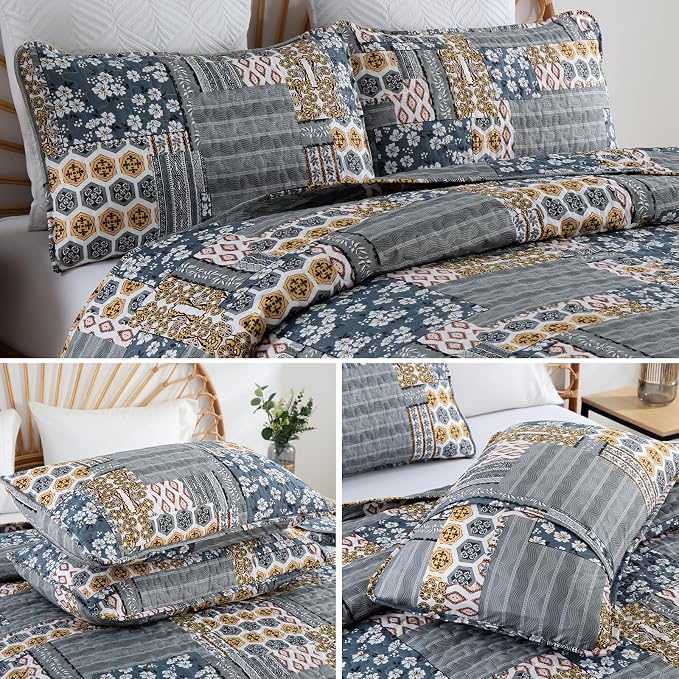 Mybedsoul Boho Quilts Queen Size, Floral Patchwork Bedding Set, Dark Grey | Soft Lightweight Microfiber Coverlet Set, 3 Pieces Plaid Reversible Bedspread, Bed Sets for All Seasons 96"x90"