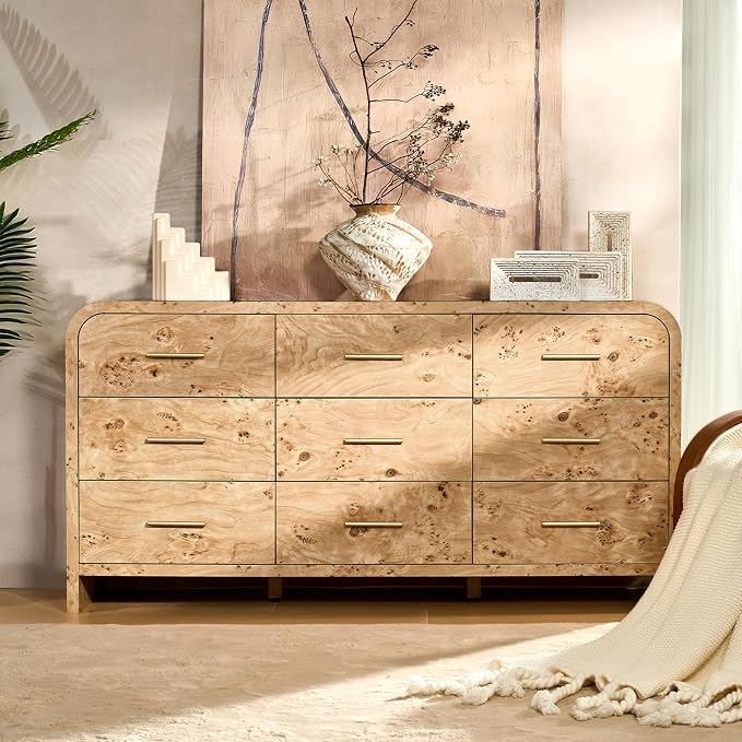 Curved 9-Drawer Dresser for Bedroom, 63" Wide Modern Chest of Drawers, Vanity Desk TV Stand for Living Room, Closet Storage Drawers Organizer Furniture, Nursery, Hallway, Light Burl