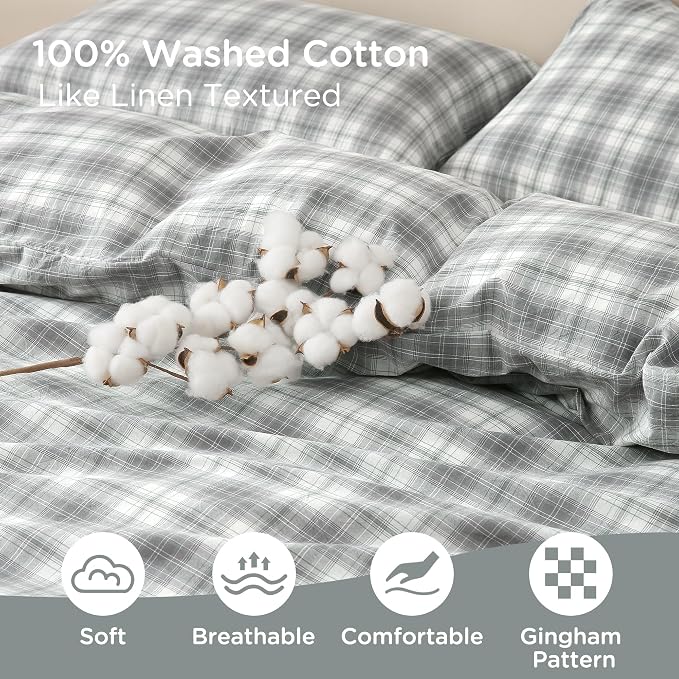 TOCOMOA Plaid Duvet Cover Set 100% Washed Cotton Like Linen, King | Linen-Like Feel Soft, Breathable & Comfy for All Season. Grey and Green Bedding Set with Zipper & 8 Ties. 3 Pcs, No Insert